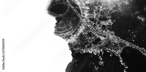 Fototapeta Naklejka Na Ścianę i Meble -  Double exposure of female face, clock, water and galaxy. Abstract woman portrait. Digital art. Girl in glasses of virtual reality. Augmented reality, dream, future technology, game concept. VR.