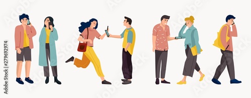 People talking on phone. Trendy cartoon office workers and diverse people talking on telephone. Vector conversation and dialogue office worker or businessman