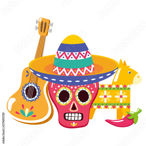 day of the dead skull mask with guitar and pinata