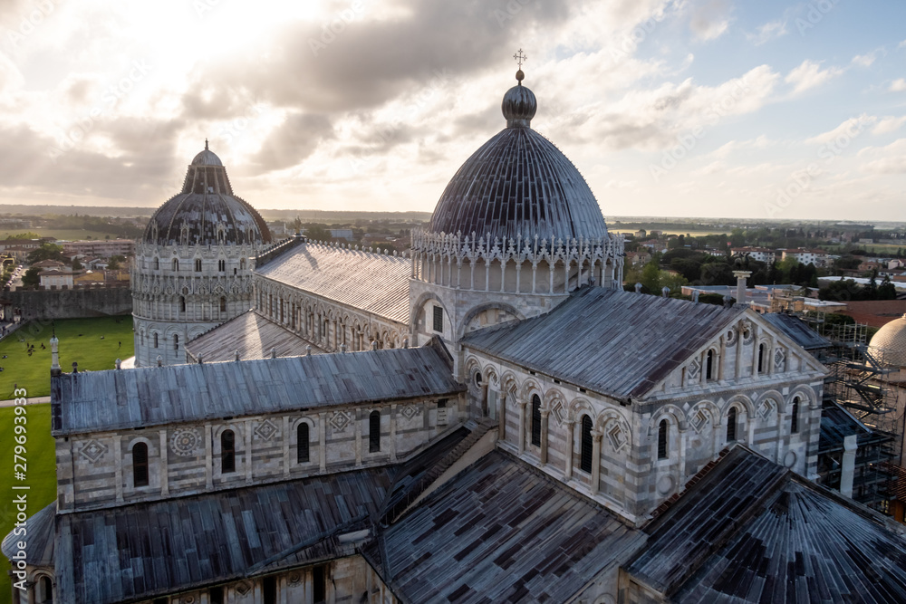 View of the Duomo (cathedral) from the Leaning Tower, and the Baptistery. Piazza dei Miracoli, Pisa, Tuscany, Italy