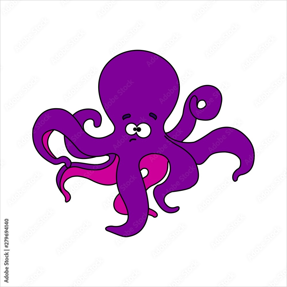 Octopus. Sad funny friendly octopus. For a children's coloring book. Vector image on white background. Octopus. Sad funny friendly octopus. For a children's coloring book. Vector image on white background.