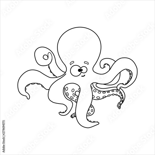 Octopus. Smiling octopus With Suckers On Tentacles. Friendly Octopus. For Children's Coloring Books. Outline Vector Image on white background.
