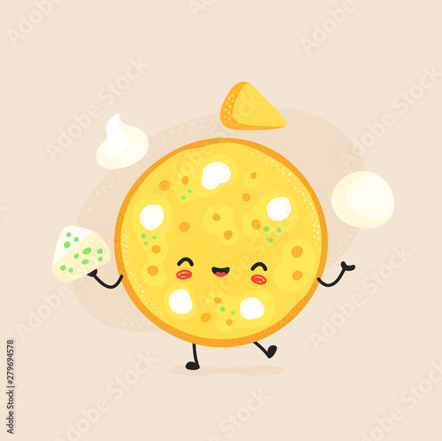 Cute happy cheese pizza character. 