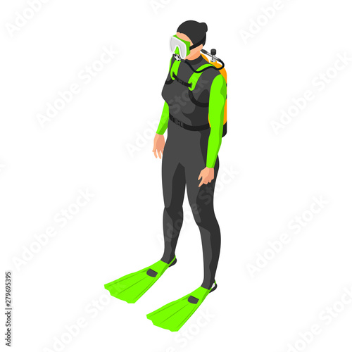 Scuba diver. Woman in diving suit on white background.