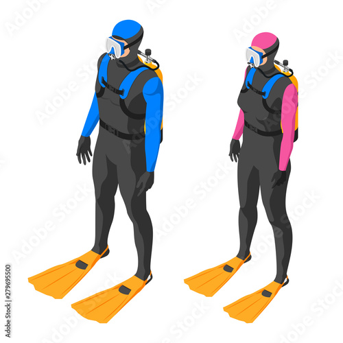 Scuba diver. Man and woman in diving suit on white background.