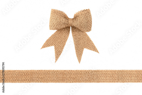 Burlap ribbon bow isolated on white background