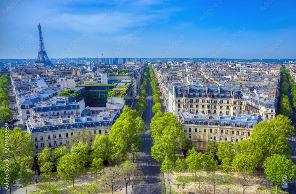 A view of the Eiffel Tower and Paris, France from the Arc de Triomphe.