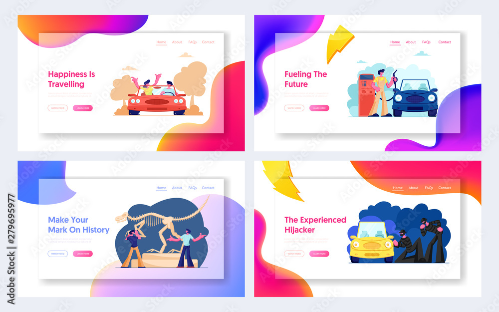Loving Couple Travel by Car, Hijackers Steal Automobile, People Visiting Dinosaur Museum, Worker Filling Vehicle on Gas Station Website Landing Page, Web Page. Cartoon Flat Vector Illustration, Banner