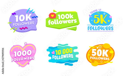 Set of Social Media Templates and Elements. Banners and Decoration for Internet Networks. 1k, 5k, 10k, 50k, 100k Followers Thank You Congratulation Post, Sticker, Icon Cartoon Flat Vector Illustration