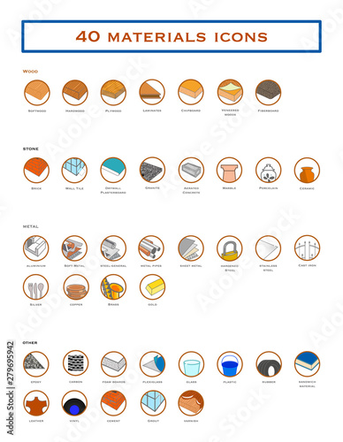 Colección de iconos de tipos de materiales de construcción. 