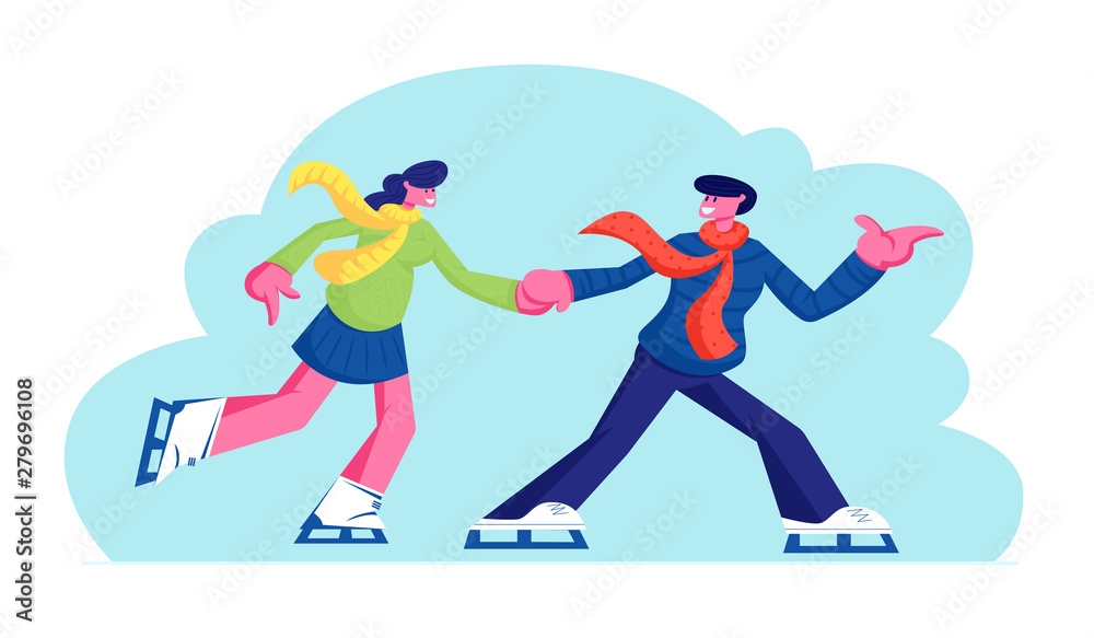 Young Couple in Love Man and Woman Characters Have Fun, Active Date Skating on Ice Rink Arena in Winter Time, Healthy Lifestyle, Loving Relations, Outdoors Activity Cartoon Flat Vector Illustration