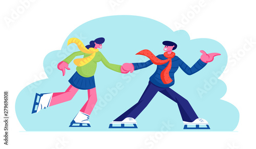 Young Couple in Love Man and Woman Characters Have Fun, Active Date Skating on Ice Rink Arena in Winter Time, Healthy Lifestyle, Loving Relations, Outdoors Activity Cartoon Flat Vector Illustration