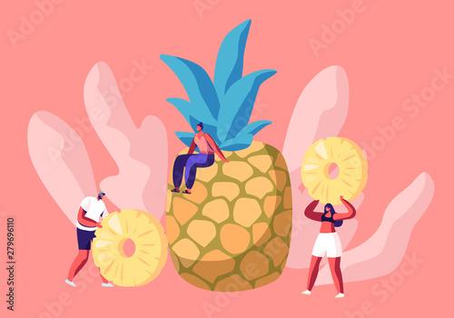 Young Woman Sitting on Huge Pineapple, Tiny People Holding Slices in Hands, Vegetarian and Diet Healthy Food, Fortified Nutrition, Fruits Source of Vitamin and Health Cartoon Flat Vector Illustration