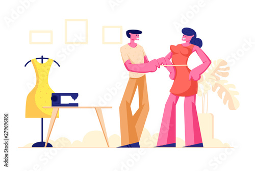 Male Dressmaker or Tailor Measuring Woman Breast with Tape for Making Dress, Clothing Designer Working in Atelier, Young Man Sewer or Garment Designer Customer Order Cartoon Flat Vector Illustration