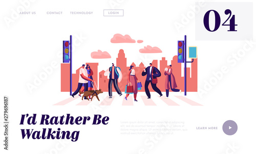 Pedestrians People Walking on City Street Website Landing Page, Men and Women Characters Hurry on Urban Background with Traffic Lights and Crosswalk Web Page. Cartoon Flat Vector Illustration, Banner