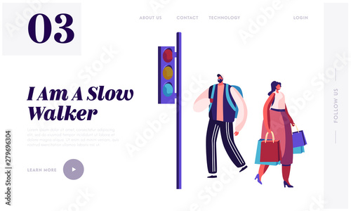 Pedestrians at Traffic Light Website Landing Page, Man with Backpack and Young Woman with Shopping Bags Waiting on Walkside to Cross Road, City People Web Page. Cartoon Flat Vector Illustration Banner