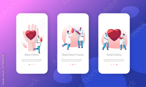 Doctor Characters in Blood Donation Laboratory Mobile App Page Onboard Screen Set, Healthcare, Charity, Medical Staff, World Donor Day Concept for Website or Web Page, Cartoon Flat Vector Illustration