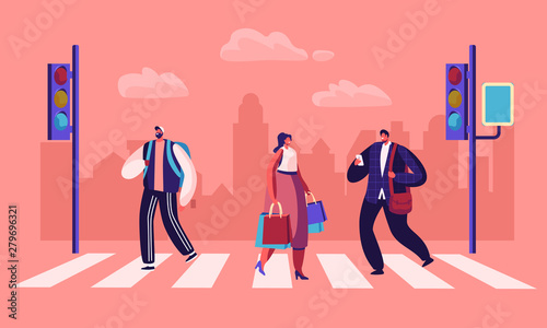 Tableau sur toile Pedestrians Crossing Road at Traffic Light Website Landing Page, Businessman with Smartphone, Man with Backpack and Woman with Shopping Bags in City Web Page