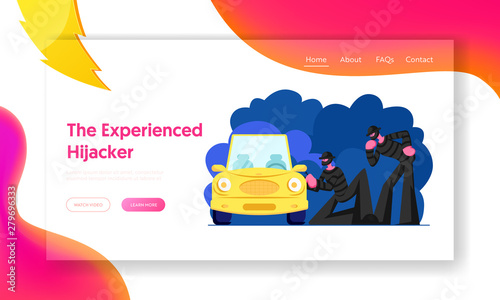 Bandits Stealing Auto Website Landing Page, Couple of Masked Hijackers Trying to Break Into Car. Male Characters Committing Crime at Night Time, Web Page. Cartoon Flat Vector Illustration, Banner
