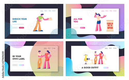 New Store Open Event Website Landing Page Set, Friendly Promoters Giving Invitation Flyers at Store Entrance for Inviting People to Visit New Shop Web Page. Cartoon Flat Vector Illustration, Banner