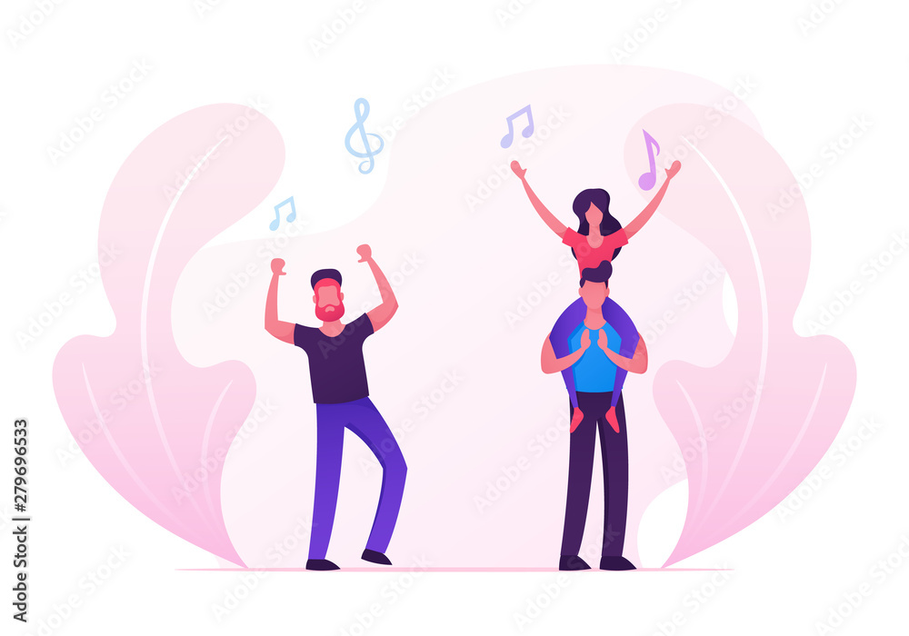 Men and Women Fans Cheering, Dancing and Jumping with Hands Up, Group of Young People Visiting Music Event or Concert, Girl Sitting on Man Shoulders, Friends Leisure. Cartoon Flat Vector Illustration Men and Women Fans Cheering, Dancing and Jumping with Hands Up, Group of Young People Visiting Music Event or Concert, Girl Sitting on Man Shoulders, Friends Leisure. Cartoon Flat Vector Illustration