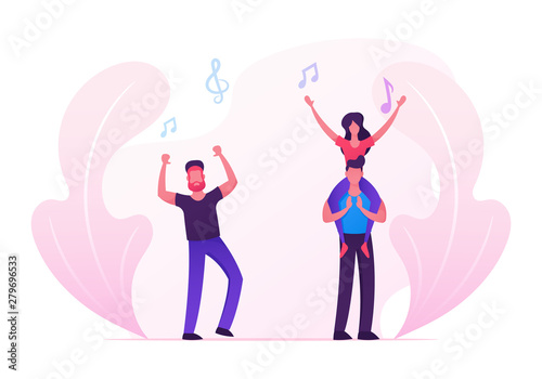 Men and Women Fans Cheering, Dancing and Jumping with Hands Up, Group of Young People Visiting Music Event or Concert, Girl Sitting on Man Shoulders, Friends Leisure. Cartoon Flat Vector Illustration