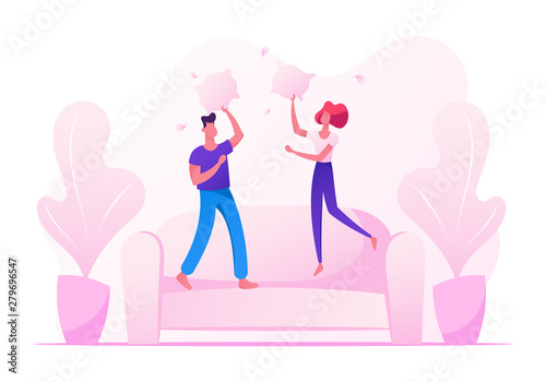 People Fooling, Having Fun at Home, Male and Female Characters Jumping on Sofa Fighting with Pillows, Couple in Love, Friends, Brother and Sister Jump on Couch in Room Cartoon Flat Vector Illustration