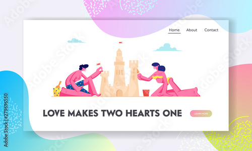 Couple Having Leisure on Sandy Beach Website Landing Page, Man and Woman Building Sand Castle at Seaside Resort Coast Line at Summer Time Vacation Web Page. Cartoon Flat Vector Illustration, Banner