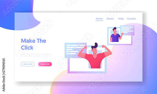 Online Dating Website Landing Page, Young Men Internet Profiles for Virtual Date and Browsing Love Partner Virtual Human Relations, Chatting, Account Web Page. Cartoon Flat Vector Illustration, Banner