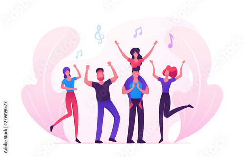 Group of Young People Visiting Music Event or Concert, Men and Women Fans Cheering, Dancing and Jumping with Hands Up, Girl Sitting on Man Shoulders, Friends Leisure. Cartoon Flat Vector Illustration