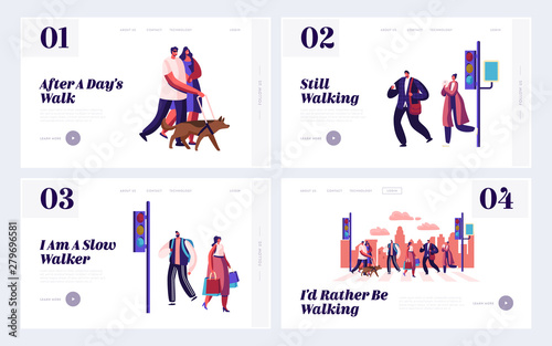 Pedestrians Website Landing Page Set, People Walking on City Street with Traffic Lights and Crosswalk Moving by Road, Men, Women Characters Lifestyle, Web Page. Cartoon Flat Vector Illustration Banner