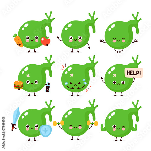 Cute healthy happy and sick unhealthy gallbladder