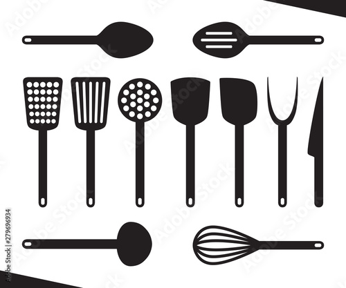Black plastic Kitchenware isolated on white background. Vector kitchen utensils design elements for web, culinary infographic, brochure, restaurant presentation. Flat illustration of cooking tools