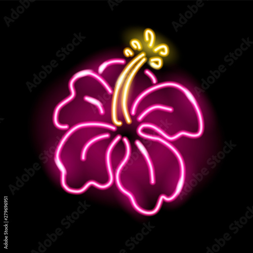 Neon hibiscus flower. Vector illustration isolated on black background. Exotic, summer, tropical, beauty concept for logo, banner, web design. 10 EPS.