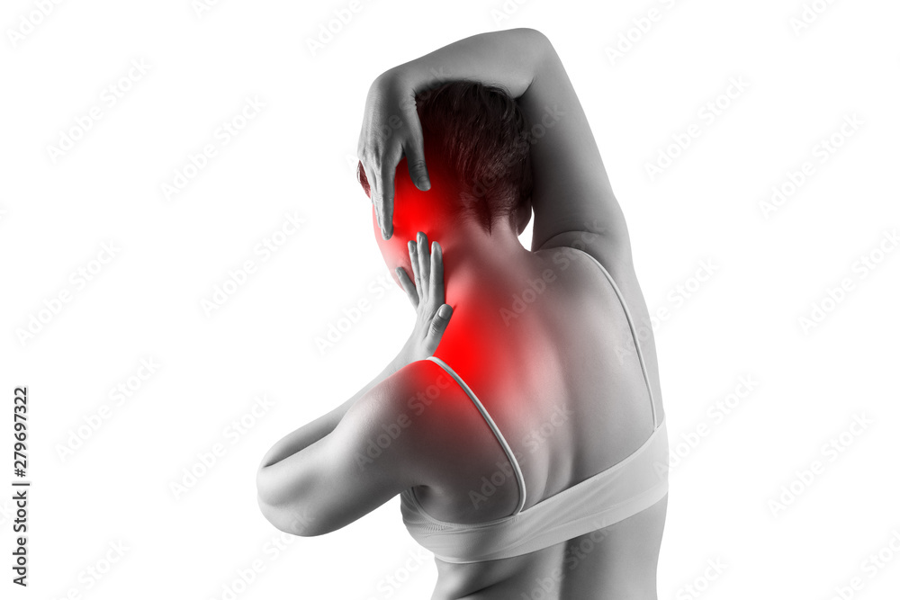 Naklejka premium Neck pain, woman suffering from backache isolated on white background