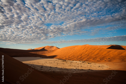 Dead Vlei near Sossusvlei in the early morning with clouds in the Namib-Naukluft National Park in Namibia