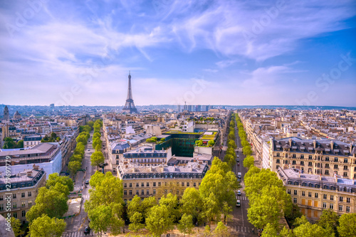 A view of the Eiffel Tower and Paris, France from the Arc de Triomphe. © Jbyard