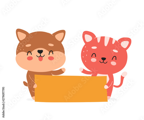Cute happy smiling cat and dog hold banner