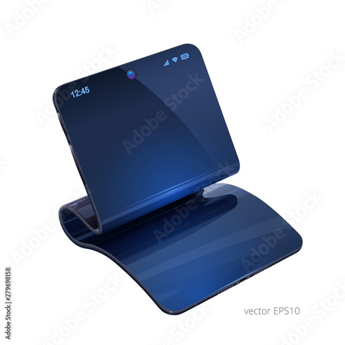 Flexible phone. 3d realistic vector image. Hybrid of smartphone and tablet. Bendable display and elastic case. Device is folded into demo position. Mockup with empty screen. Copy space. Blank template