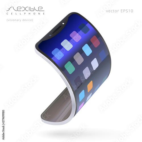 Flexible smartphone. Trendy cell phone that can flex into an electronic bracelet. Mobile gadget bents into a wristband. Imaginary perspective design. 3d vector device on a white background