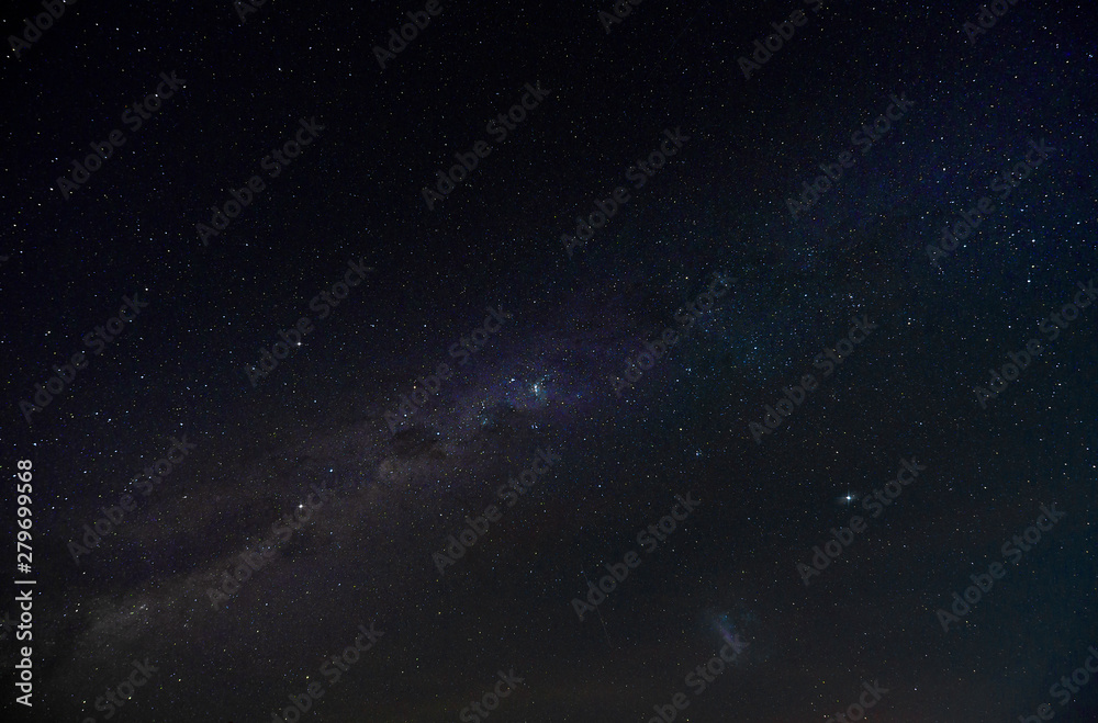 Fototapeta premium Cloudless starlit night sky with Milky Way and bright stars as panorama view for wallpaper and copy space