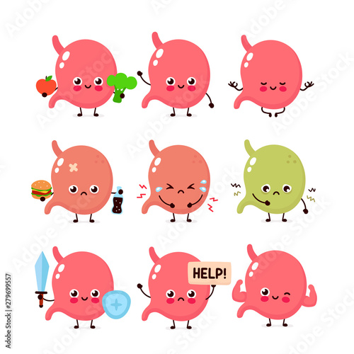 Cute stomach set.Healthy and unhealthy human organ