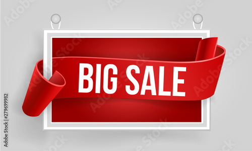 Red detailed realistic curved paper sale ribbon banner in frame. Red Big Sale Banner. Ribbon. Isolated on background. With space for text.