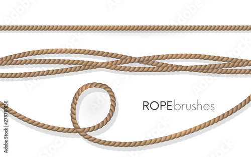 Realistic fiber ropes.Rope brushes .Jute twisted cords with loops isolated on white background. Decorative elements with brown packthread.
