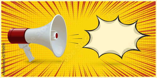 Red and white realistic megaphone and blank speech bubble isolated on yellow pop art background. Vector 3d bullhorn illustration.