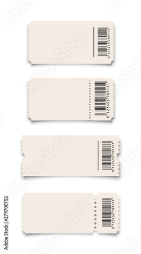 White ticket or coupon with barcode templates set isolated on white background. Vector design elements.