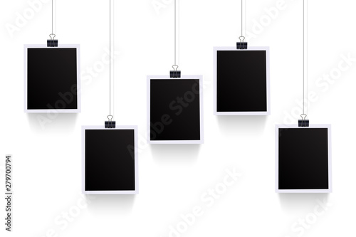 Photos hanging on paper clips isolated on white background. Vector design elements. Blank picture templates.