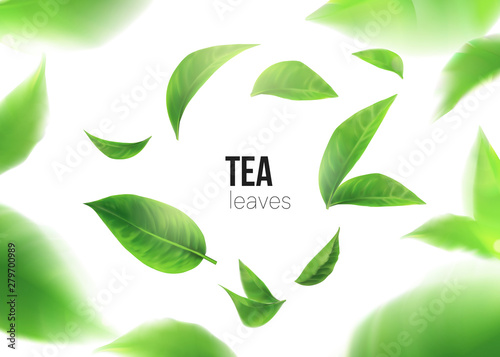 Green tea. Tea leaves whirl in the air. Element for design, advertising, packaging of tea products white background 3d