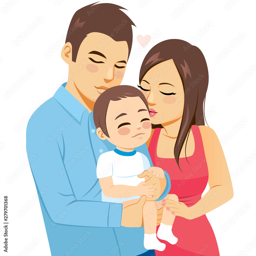 Happy young parents kissing and hugging baby toddler boy