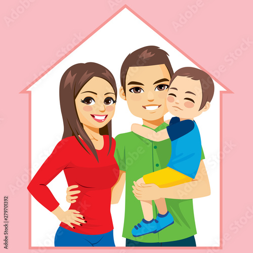 Happy young family of dad mom and son home concept under roof
